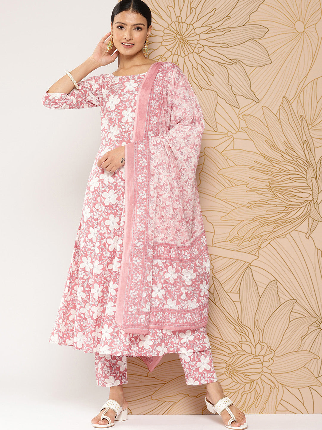Mauve Printed Anarkali Kurta With Trouser And Dupatta