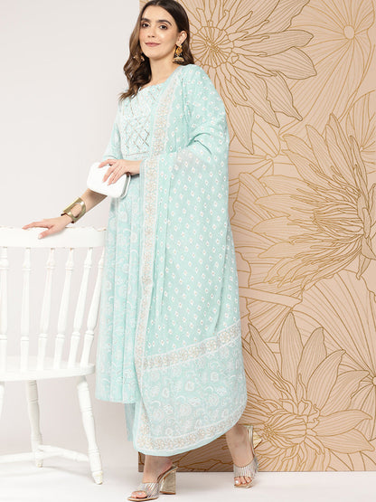 Blue Ethnic Printed Kurta With Trouser And Dupatta