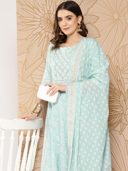Blue Ethnic Printed Kurta With Trouser And Dupatta