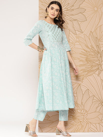 Blue Ethnic Printed Kurta With Trouser And Dupatta