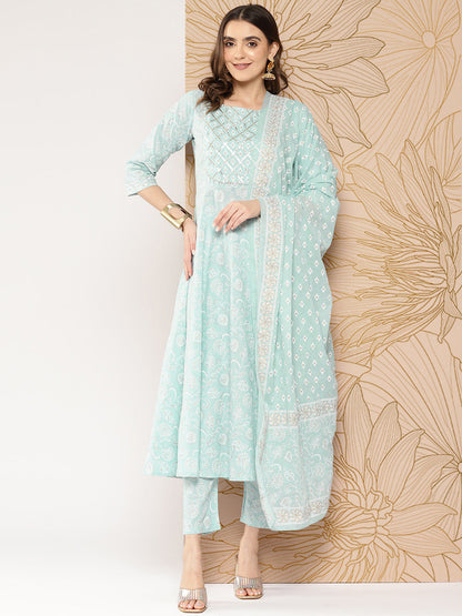 Blue Ethnic Printed Kurta With Trouser And Dupatta