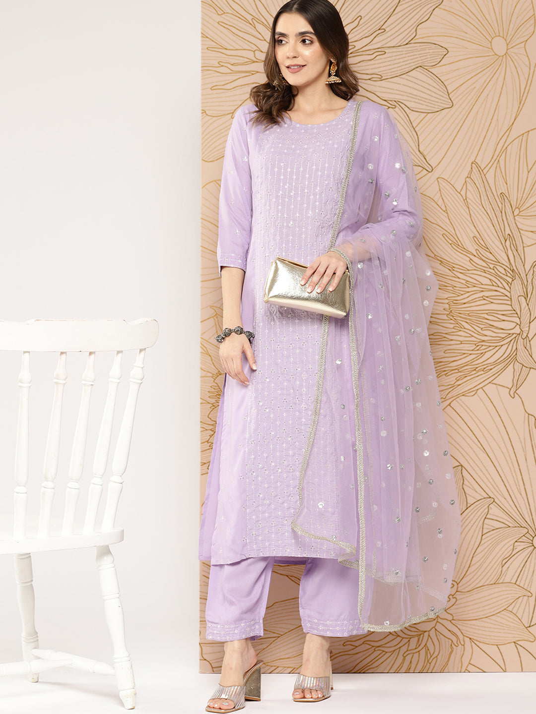 Lavender Embroidered Straight Kurta With Palazzo &amp; Dupatta