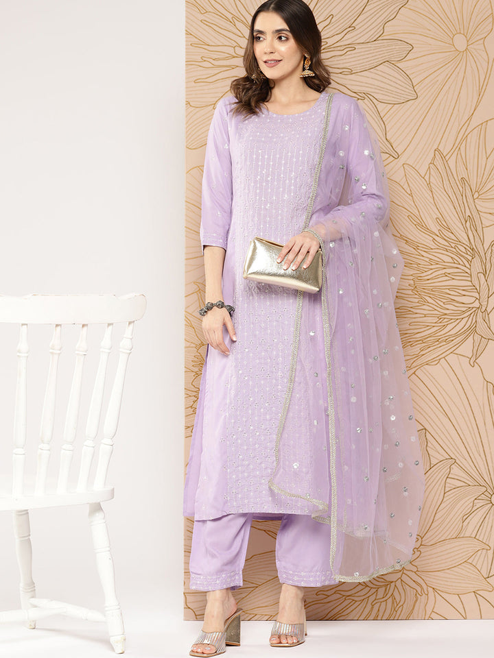 Lavender Embroidered Straight Kurta With Palazzo &amp; Dupatta