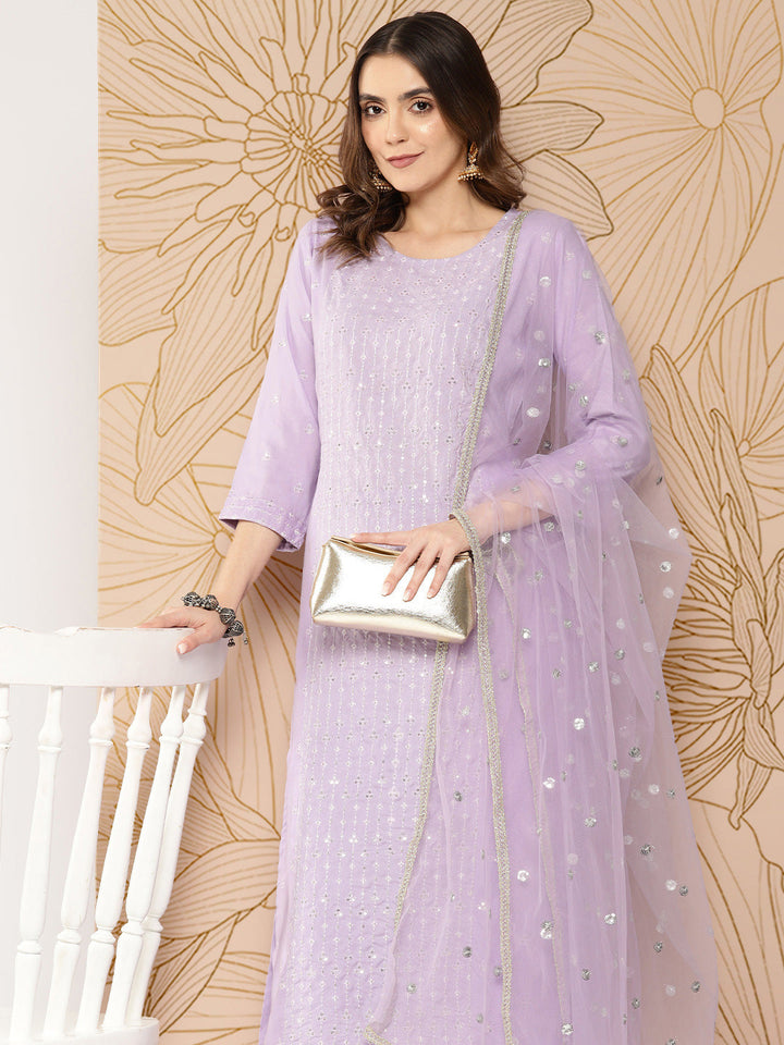 Lavender Embroidered Straight Kurta With Palazzo &amp; Dupatta