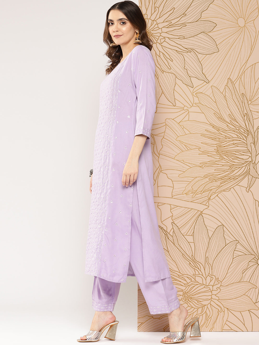 Lavender Embroidered Straight Kurta With Palazzo &amp; Dupatta