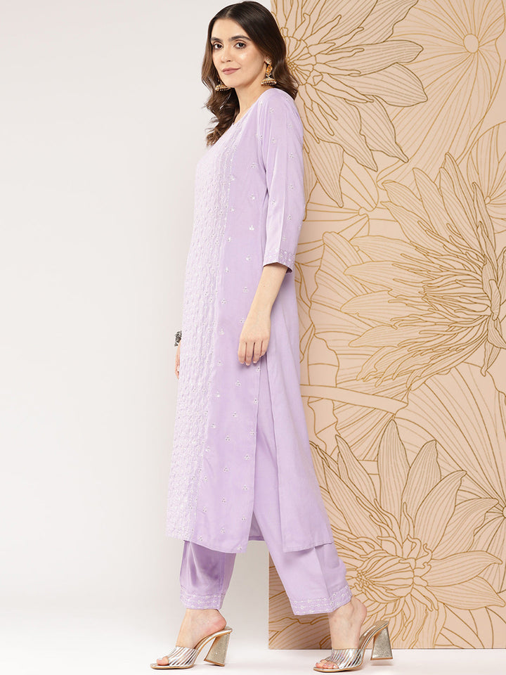Lavender Embroidered Straight Kurta With Palazzo &amp; Dupatta