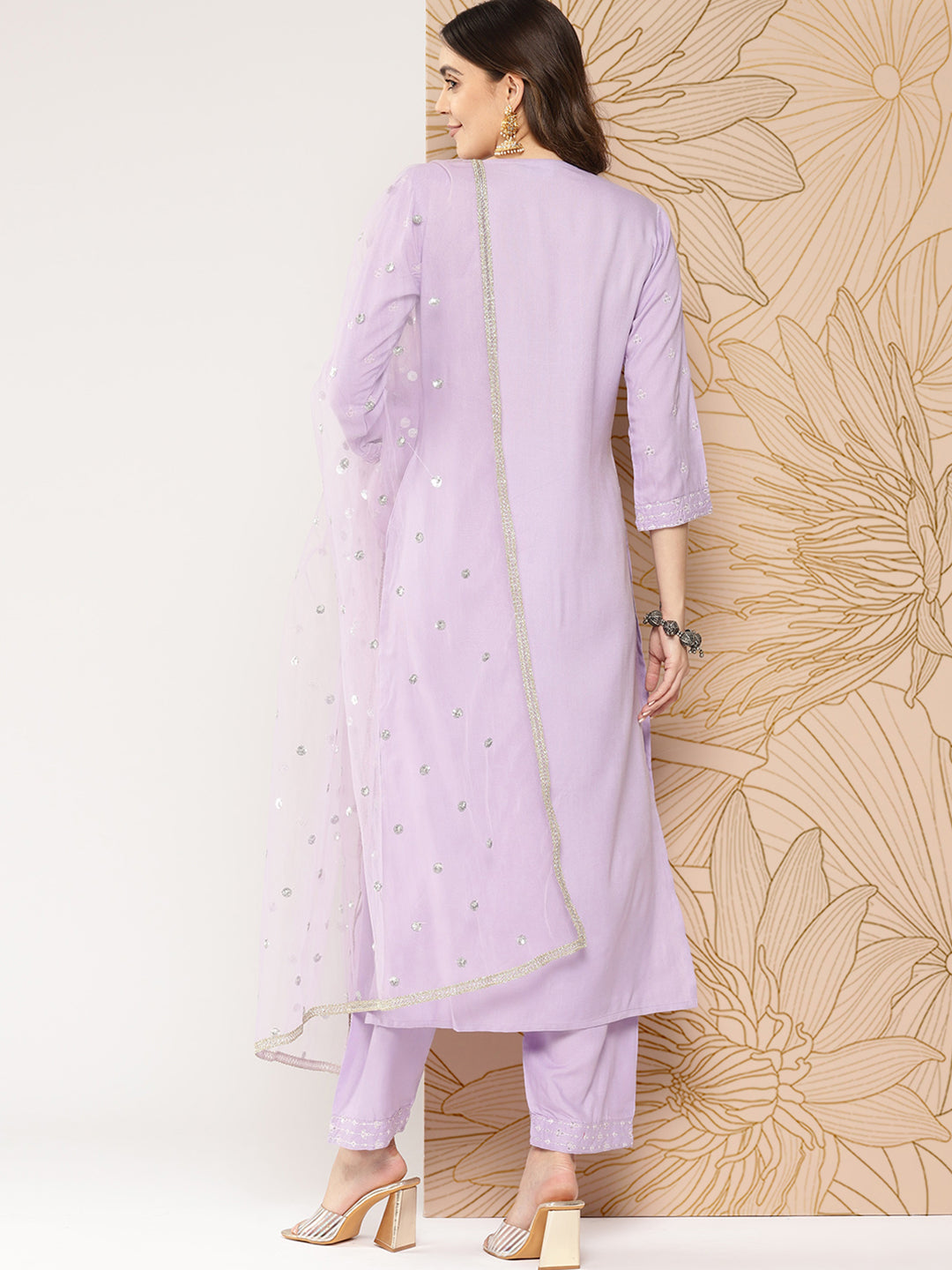 Lavender Embroidered Straight Kurta With Palazzo & Dupatta