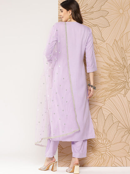 Lavender Embroidered Straight Kurta With Palazzo & Dupatta