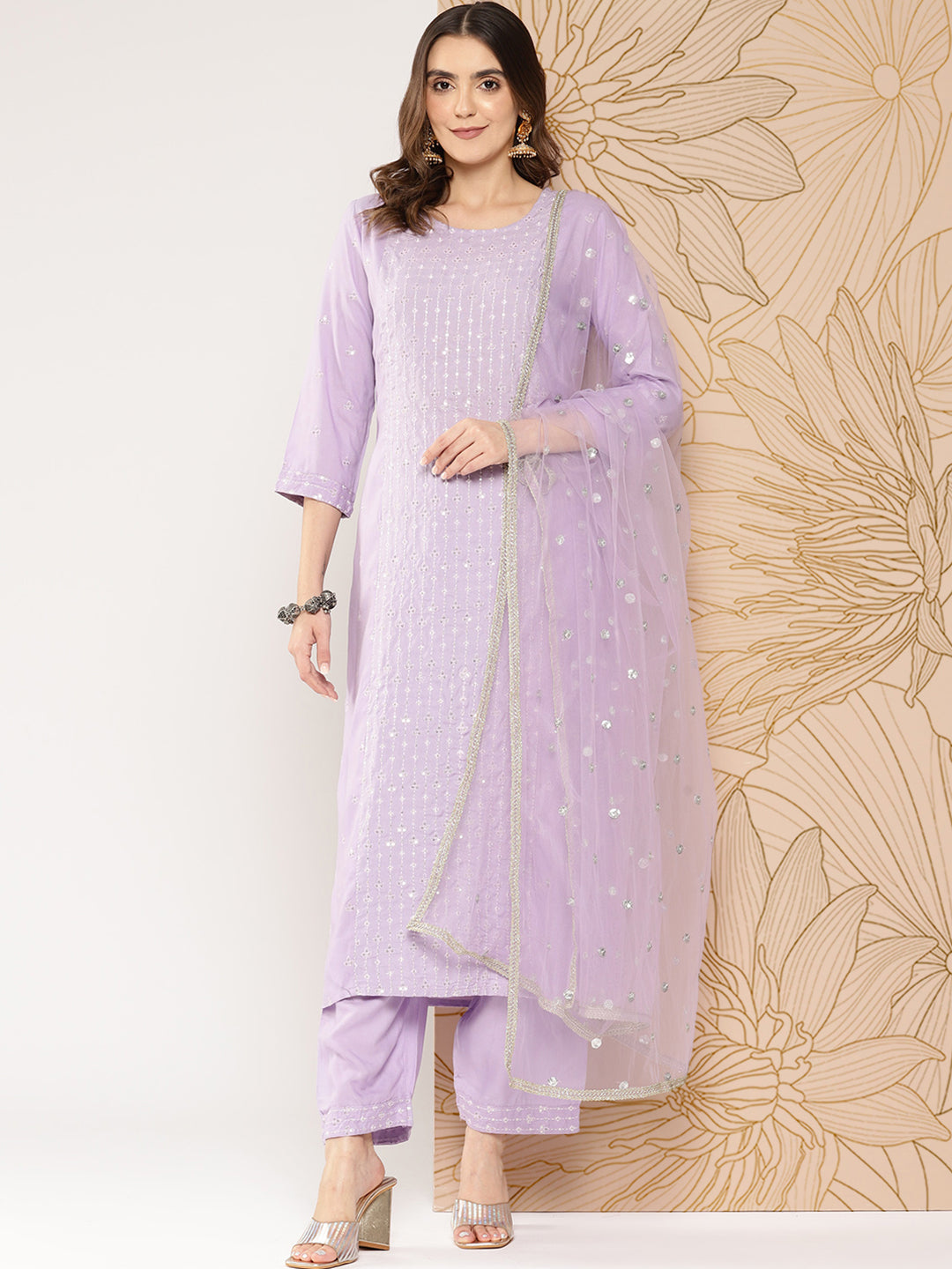Lavender Embroidered Straight Kurta With Palazzo &amp; Dupatta