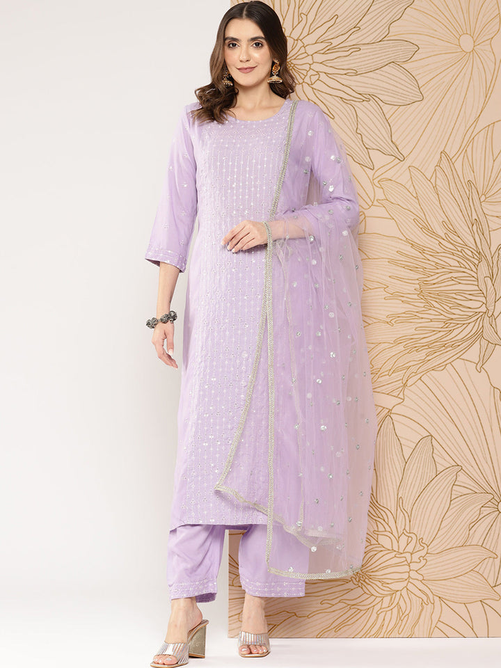 Lavender Embroidered Straight Kurta With Palazzo &amp; Dupatta