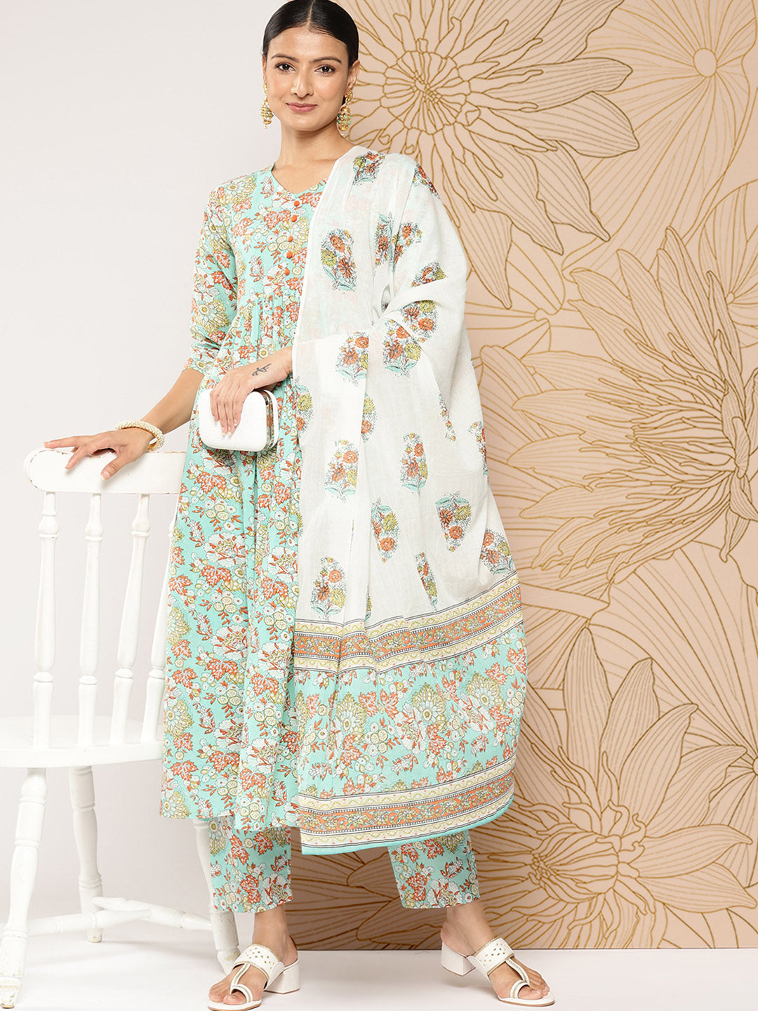 Green Printed Gathered Kurta And Trouser With Dupatta