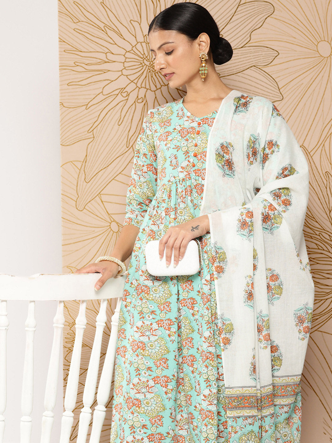 Green Printed Gathered Kurta And Trouser With Dupatta