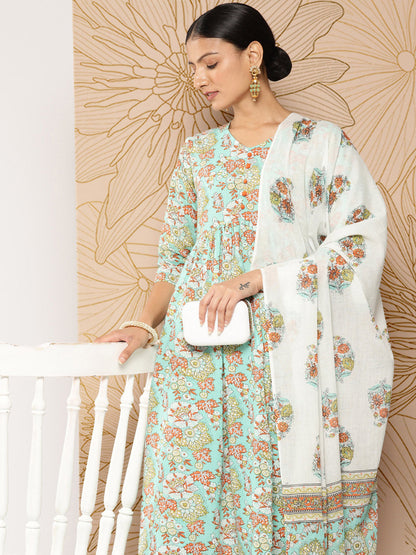 Green Printed Gathered Kurta And Trouser With Dupatta