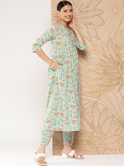 Green Printed Gathered Kurta And Trouser With Dupatta