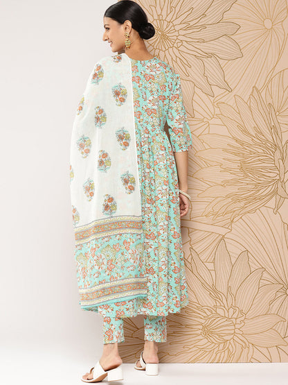Green Printed Gathered Kurta And Trouser With Dupatta