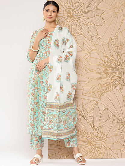 Green Printed Gathered Kurta And Trouser With Dupatta