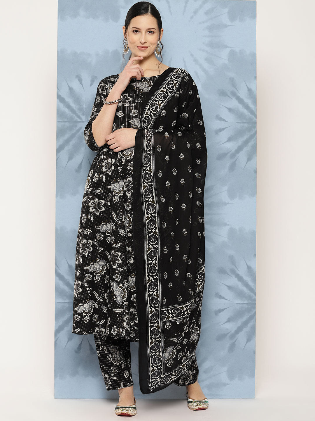 Black Floral Printed Flared Kurta With Trouser And Dupatta