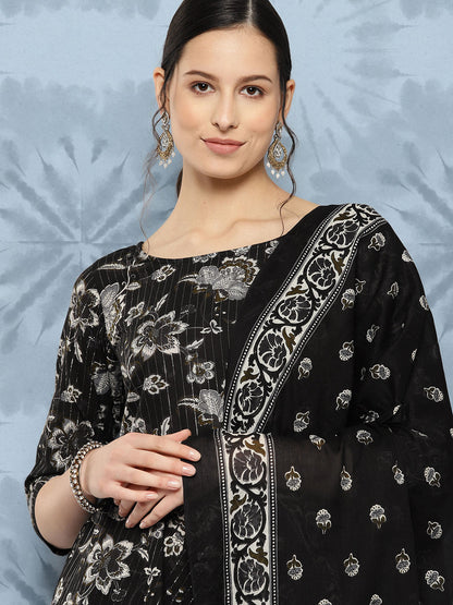 Black Floral Printed Flared Kurta With Trouser And Dupatta