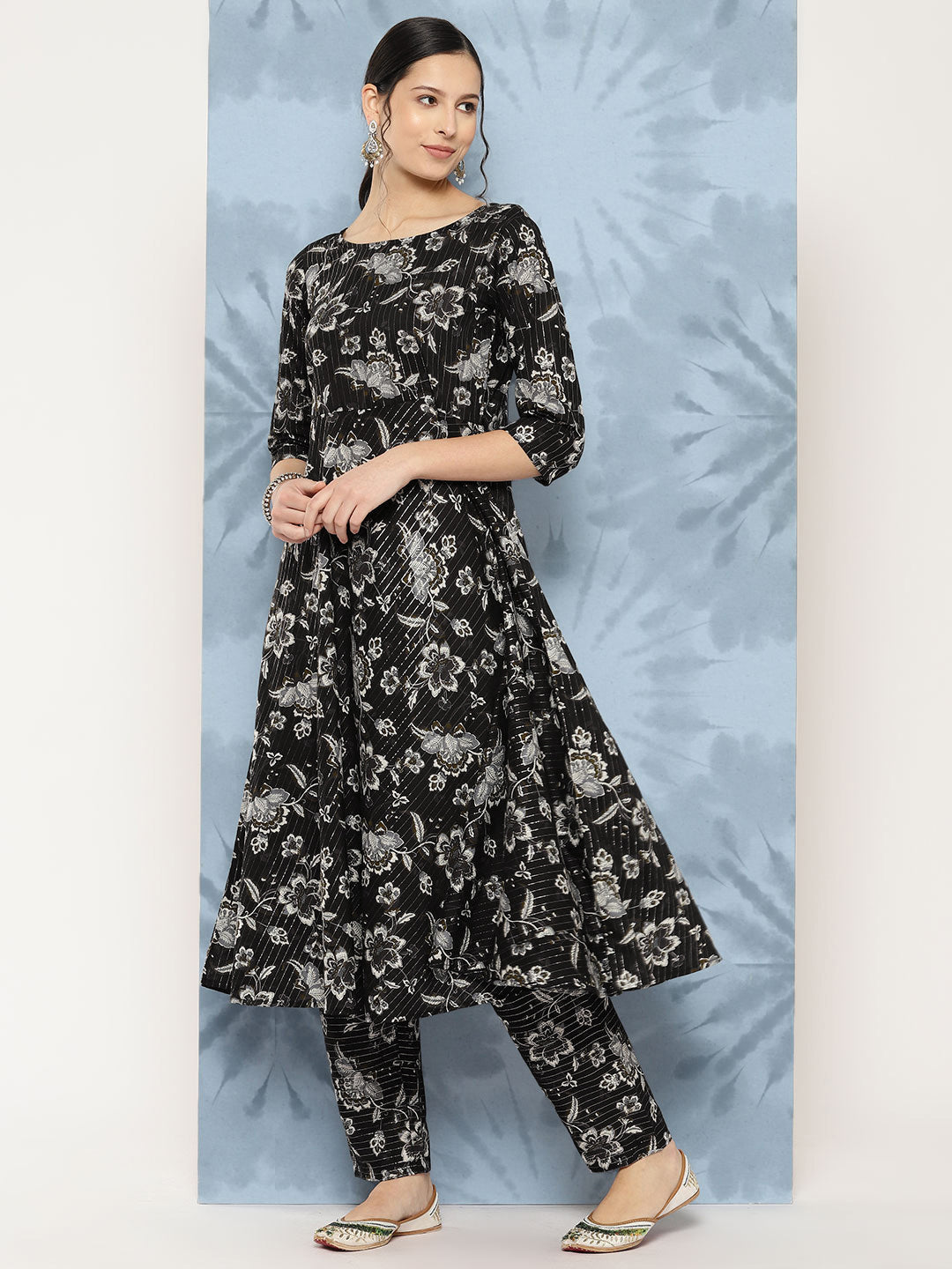 Black Floral Printed Flared Kurta With Trouser And Dupatta