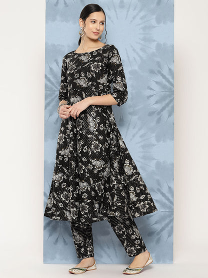 Black Floral Printed Flared Kurta With Trouser And Dupatta