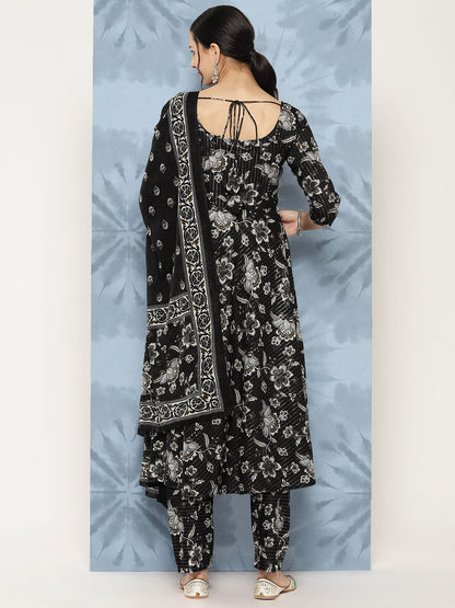 Black Floral Printed Flared Kurta With Trouser And Dupatta