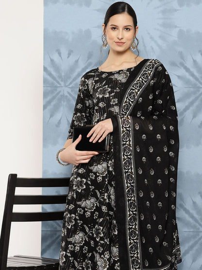 Black Floral Printed Flared Kurta With Trouser And Dupatta