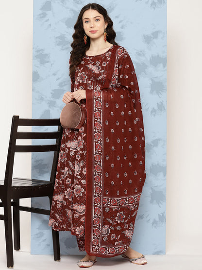Maroon Floral Printed Flared Kurta With Trouser And Dupatta
