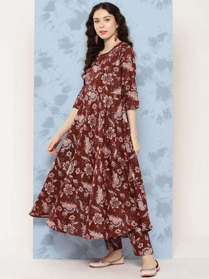 Maroon Floral Printed Flared Kurta With Trouser And Dupatta