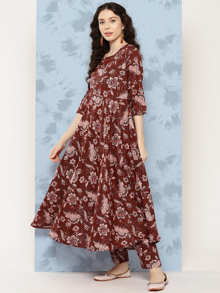 Maroon Floral Printed Flared Kurta With Trouser And Dupatta