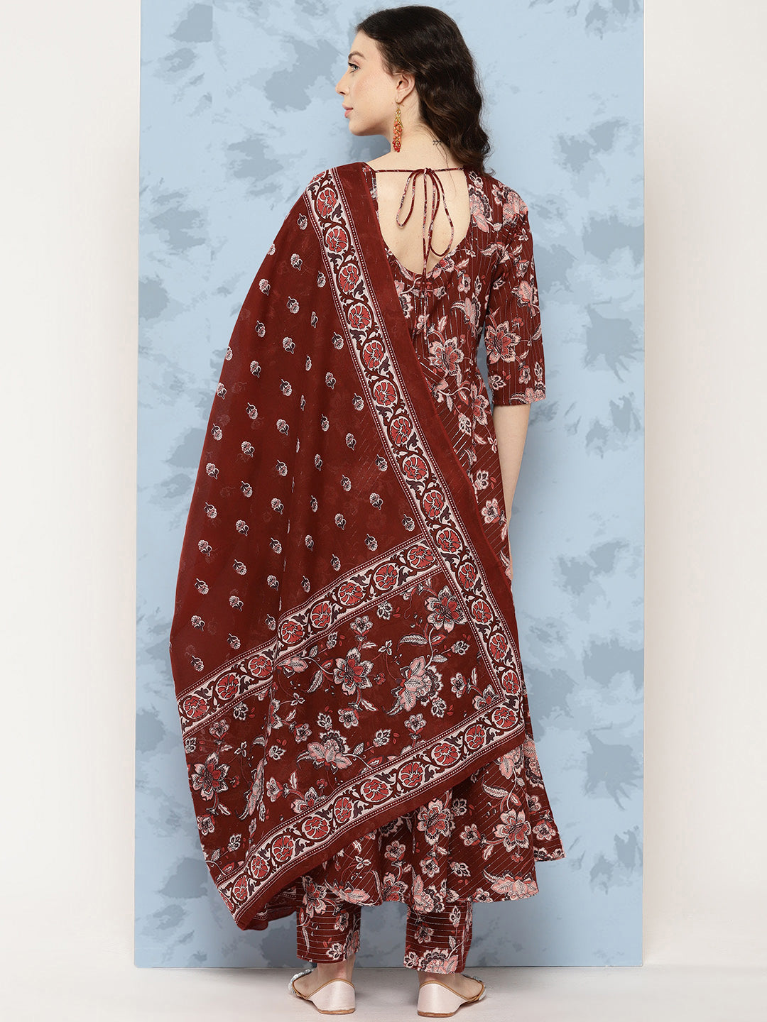 Maroon Floral Printed Flared Kurta With Trouser And Dupatta