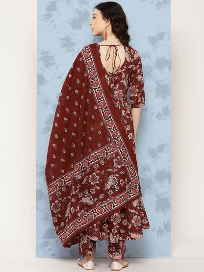 Maroon Floral Printed Flared Kurta With Trouser And Dupatta