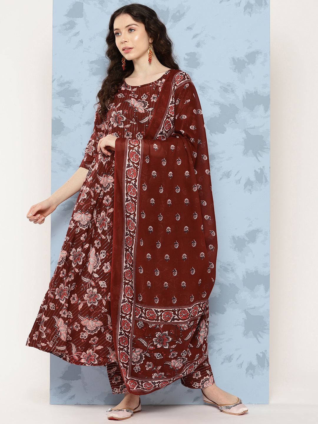 Maroon Floral Printed Flared Kurta With Trouser And Dupatta