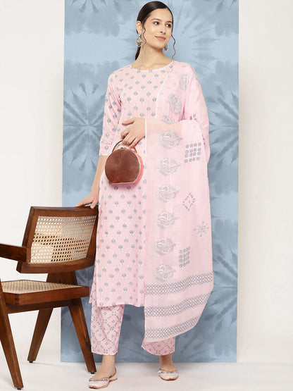 Light Pink Printed Straight Kurta With Palazzo And Dupatta
