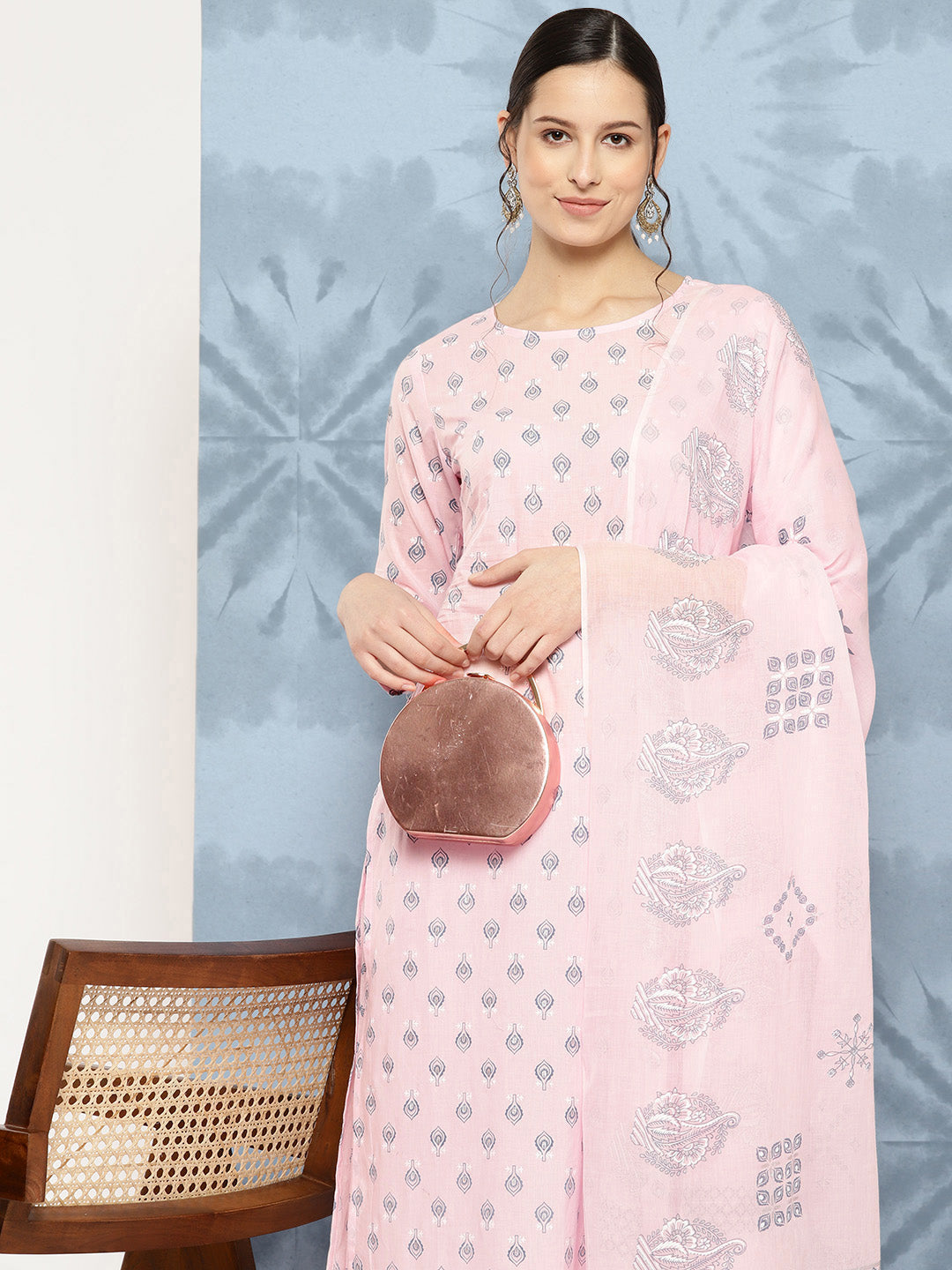 Light Pink Printed Straight Kurta With Palazzo And Dupatta