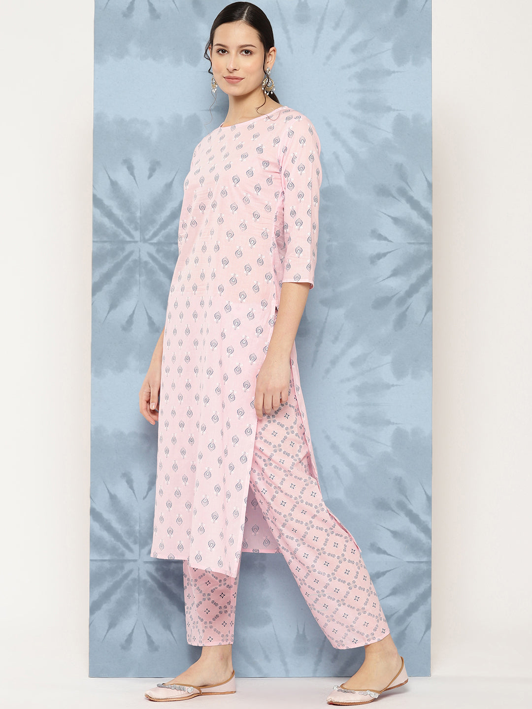 Light Pink Printed Straight Kurta With Palazzo And Dupatta