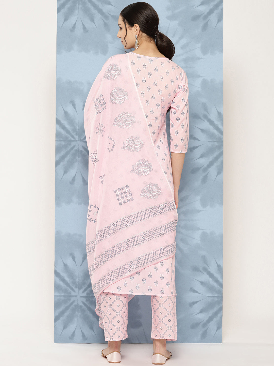 Light Pink Printed Straight Kurta With Palazzo And Dupatta