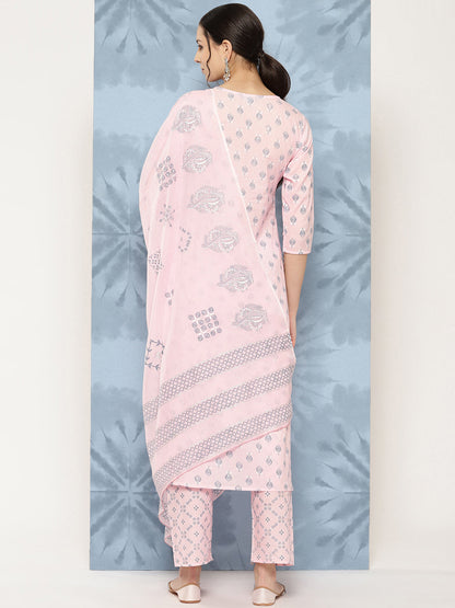 Light Pink Printed Straight Kurta With Palazzo And Dupatta