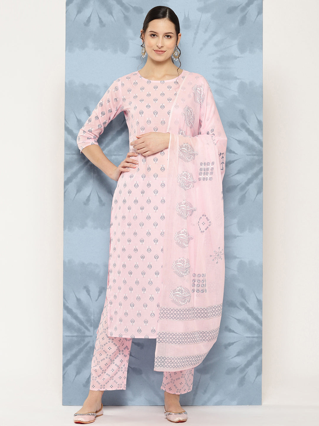 Light Pink Printed Straight Kurta With Palazzo And Dupatta