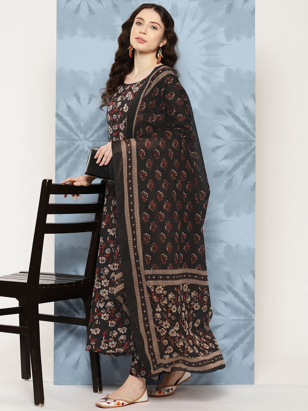 Black Floral Printed Flared Kurta With Trouser And Dupatta