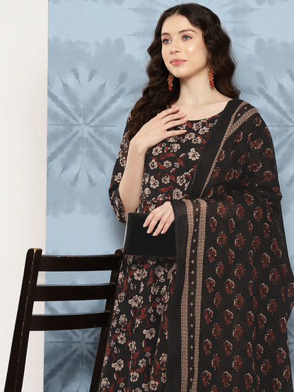 Black Floral Printed Flared Kurta With Trouser And Dupatta