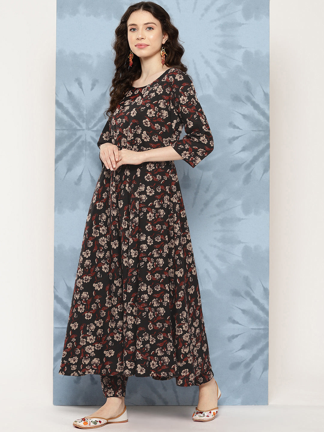 Black Floral Printed Flared Kurta With Trouser And Dupatta