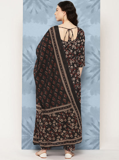 Black Floral Printed Flared Kurta With Trouser And Dupatta