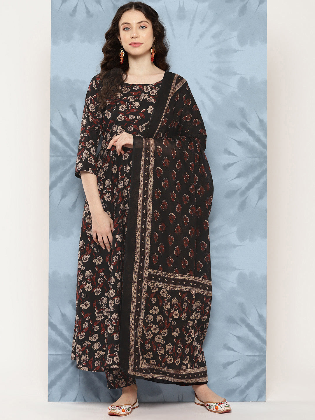 Black Floral Printed Flared Kurta With Trouser And Dupatta