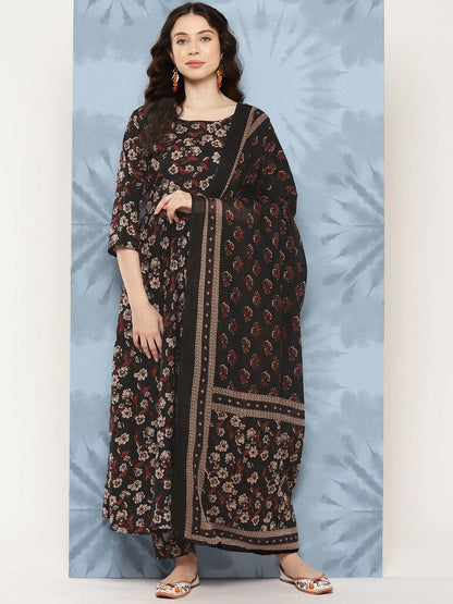 Black Floral Printed Flared Kurta With Trouser And Dupatta
