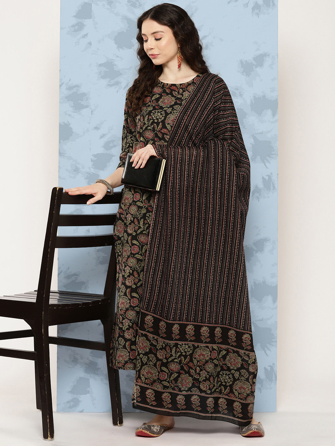 Black Floral Printed Straight Kurta With Trouser And Dupatta