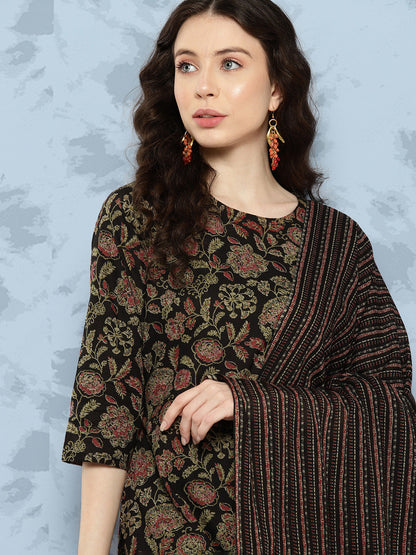 Black Floral Printed Straight Kurta With Trouser And Dupatta