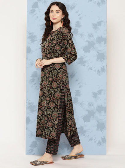 Black Floral Printed Straight Kurta With Trouser And Dupatta