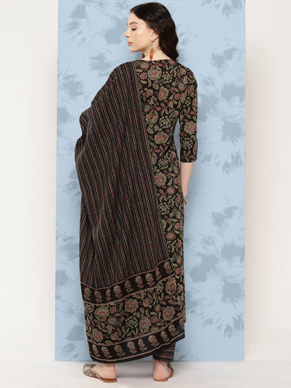 Black Floral Printed Straight Kurta With Trouser And Dupatta