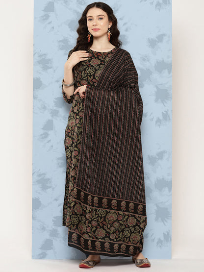 Black Floral Printed Straight Kurta With Trouser And Dupatta