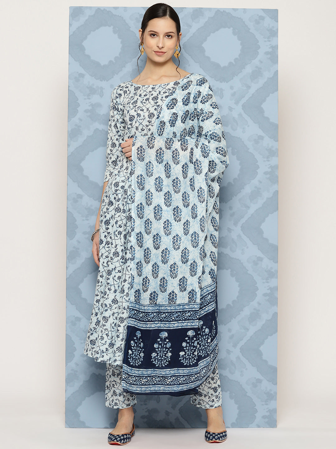 Blue Floral Printed Anarkali Kurta With Trouser And Dupatta